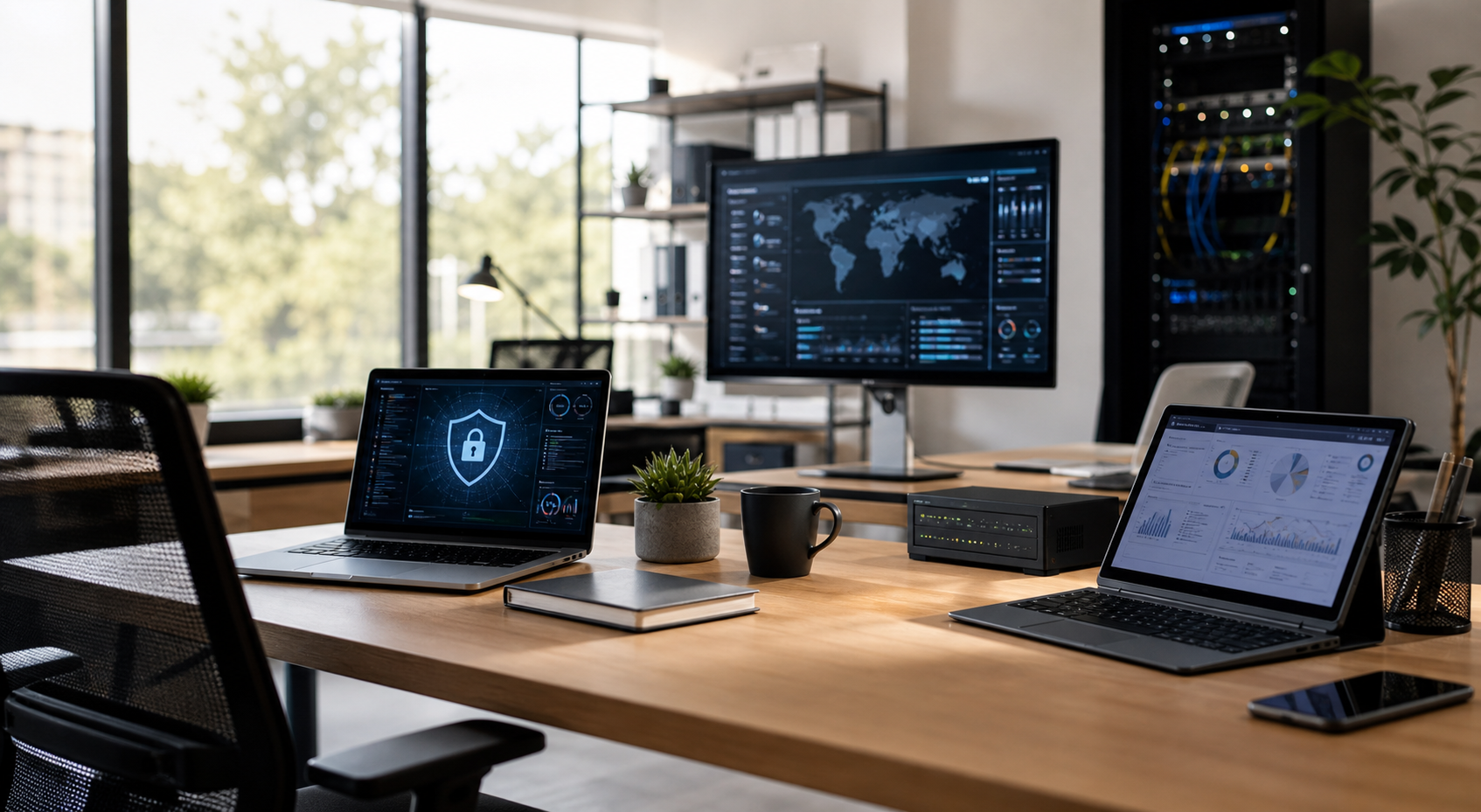 Modern technology workspace with laptops and security dashboards